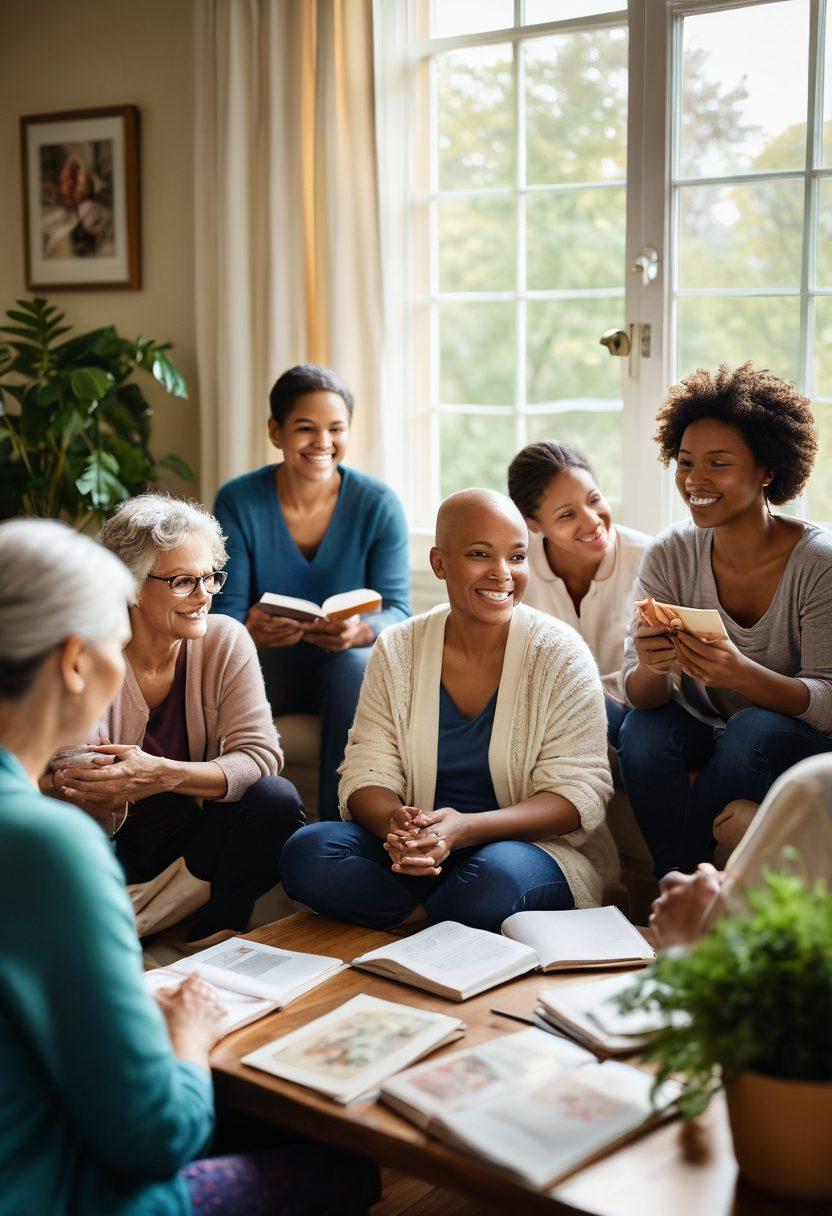 A warm and inviting scene featuring a diverse group of cancer survivors sharing their stories in a cozy support group setting. Soft natural light filters through a window, illuminating their faces filled with hope and resilience. Personal mementos like photos and journals are scattered around them, symbolizing their journeys. Include elements of nature like plants to evoke healing. super-realistic. vibrant colors. soft focus.